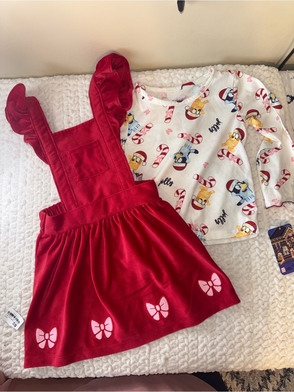 Girls Red Bow Pinafore Dress & Holiday Tee Matching Set